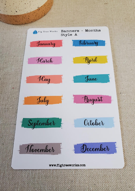 Months Banner Sticker Sheet | Months Header for Planner Stickers for Planners, Journals and Notebooks | Kiss Cut, Matte Finish | Style A