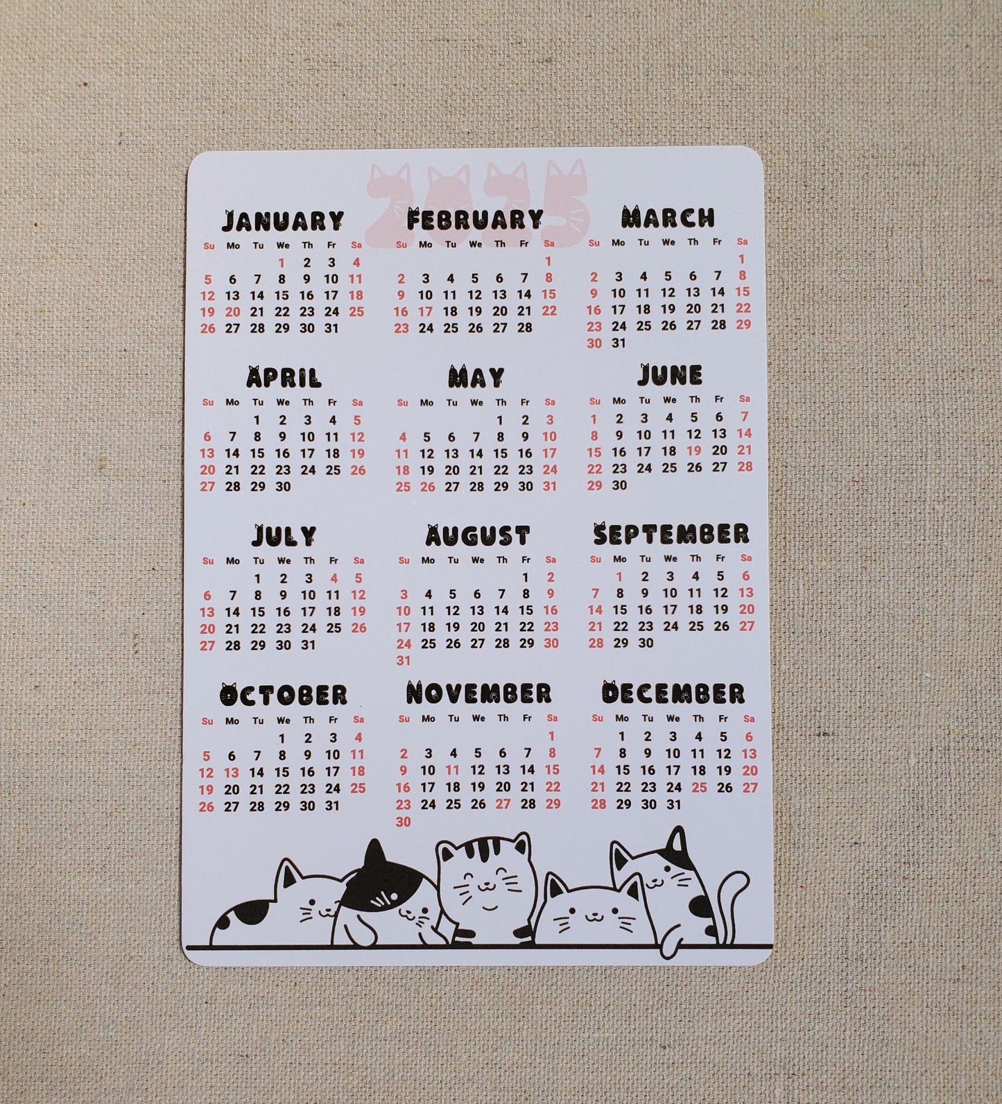 Cat Lover Year At A Glance Cardstock Calendar | Start On Any Month | NOT A STICKER | White Paper Cardstock With Matte Finish | 5" x 7"