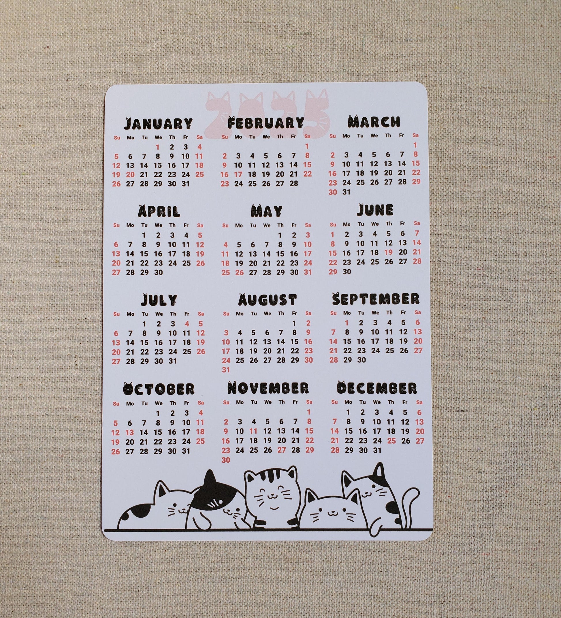 Cat Lover Year At A Glance Cardstock Calendar | Start On Any Month | NOT A STICKER | White Paper Cardstock With Matte Finish | 5" x 7"