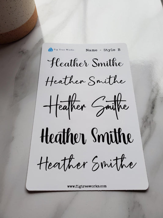 Custom Name Sticker Sheet for Planners and Journals | Matte Finish | Cursive Font, Style B