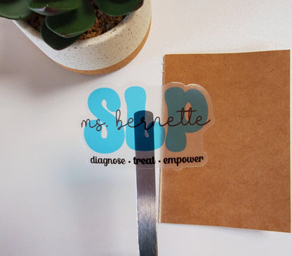 Custom Name Speech Therapy Vinyl Sticker for Speech Language Pathologist | SLP Gift Sticker | Clear Transparent Vinyl