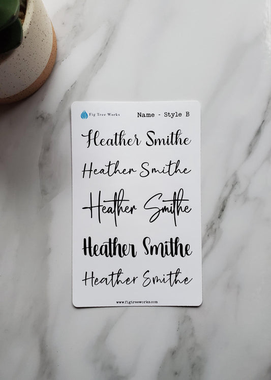 Custom Name Sticker Sheet for Planners and Journals | Matte Finish | Cursive Font, Style B