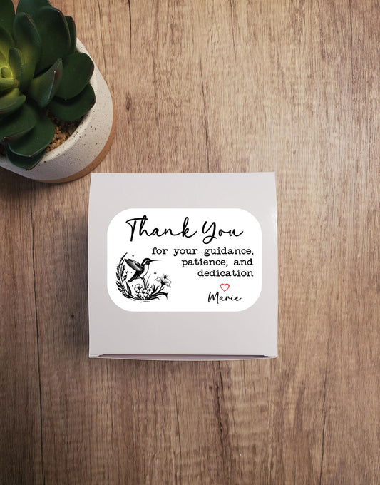 Hummingbird Thank You Label Sticker for Teachers, Staff, Mentors, Managers, Supervisors | Customizable Name | 3" x 2" Label