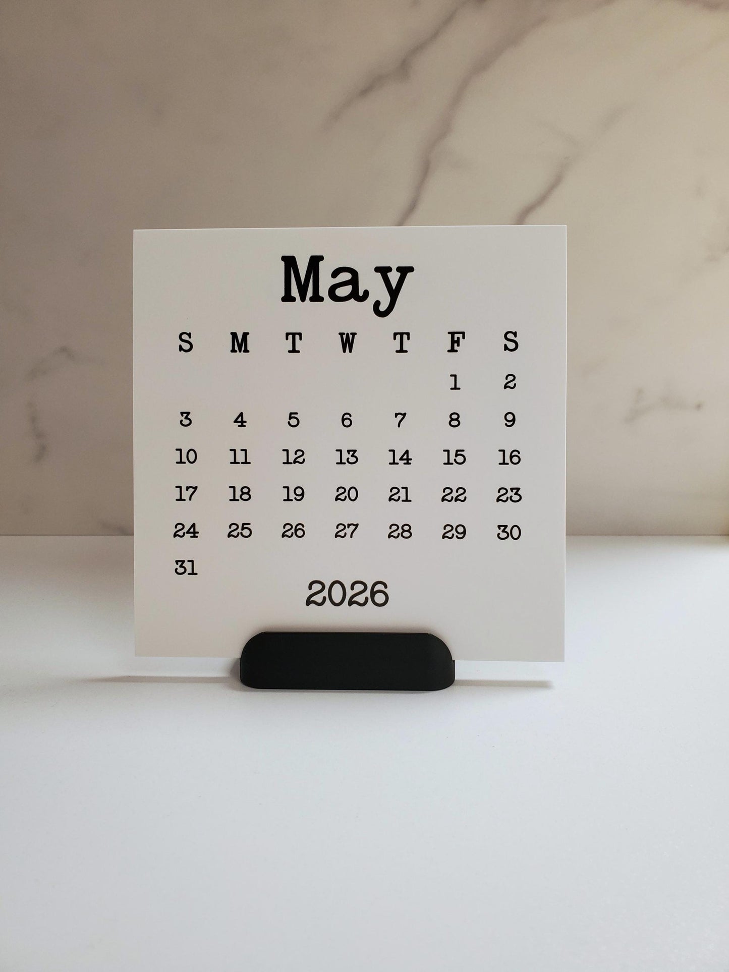 Desk Calendar Typewriter Font Design With Optional Stand | Cardstock Calendar | 2026, 2027, or 2028 | Start On Any Month | 5" x 5"