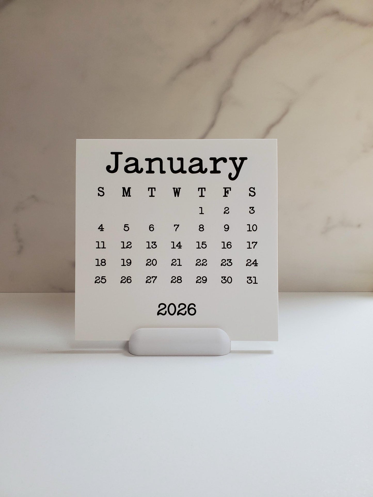 Desk Calendar Typewriter Font Design With Optional Stand | Cardstock Calendar | 2026, 2027, or 2028 | Start On Any Month | 5" x 5"