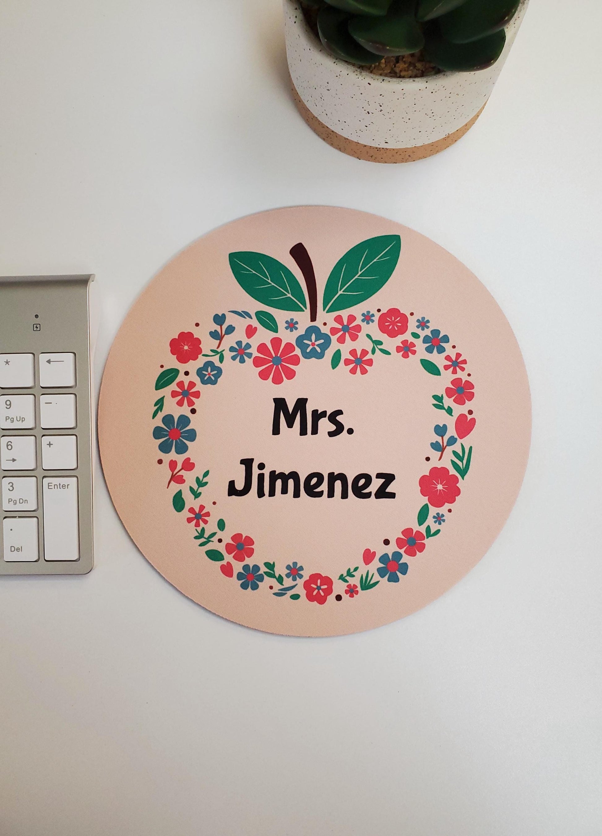 Custom Name Round Mouse Pad Apple and Flowers Design | Teacher Appreciation Gift | Desk Accessories