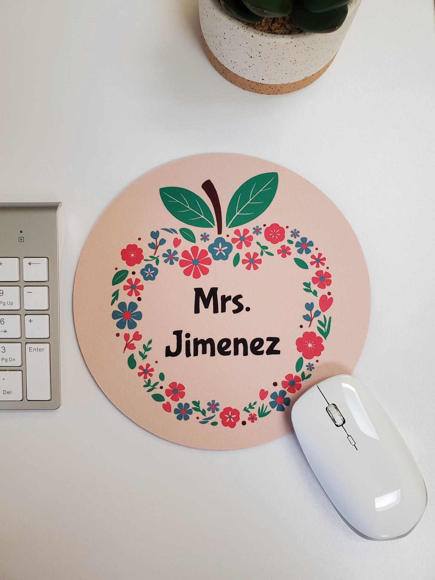 Custom Name Round Mouse Pad Apple and Flowers Design | Teacher Appreciation Gift | Desk Accessories