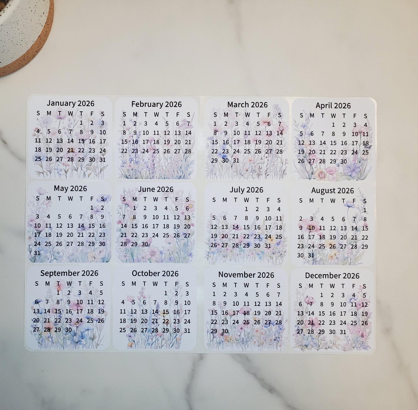 Mini Calendar Stickers with Flowers - Style B