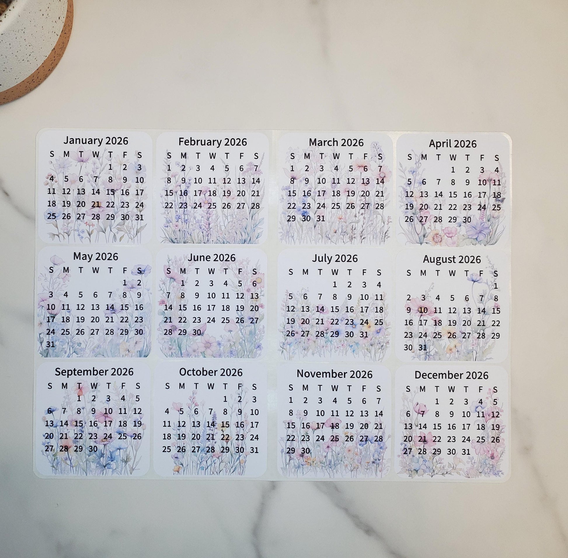 Mini Calendar Stickers with Flowers - Style B