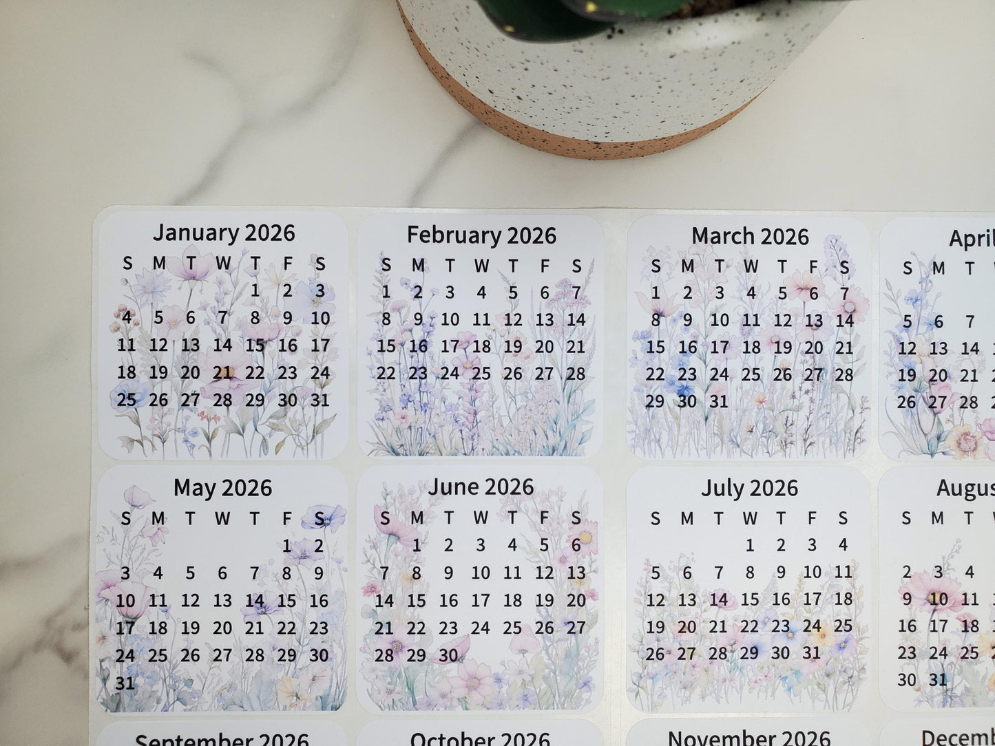 Mini Calendar Stickers with Flowers - Style B