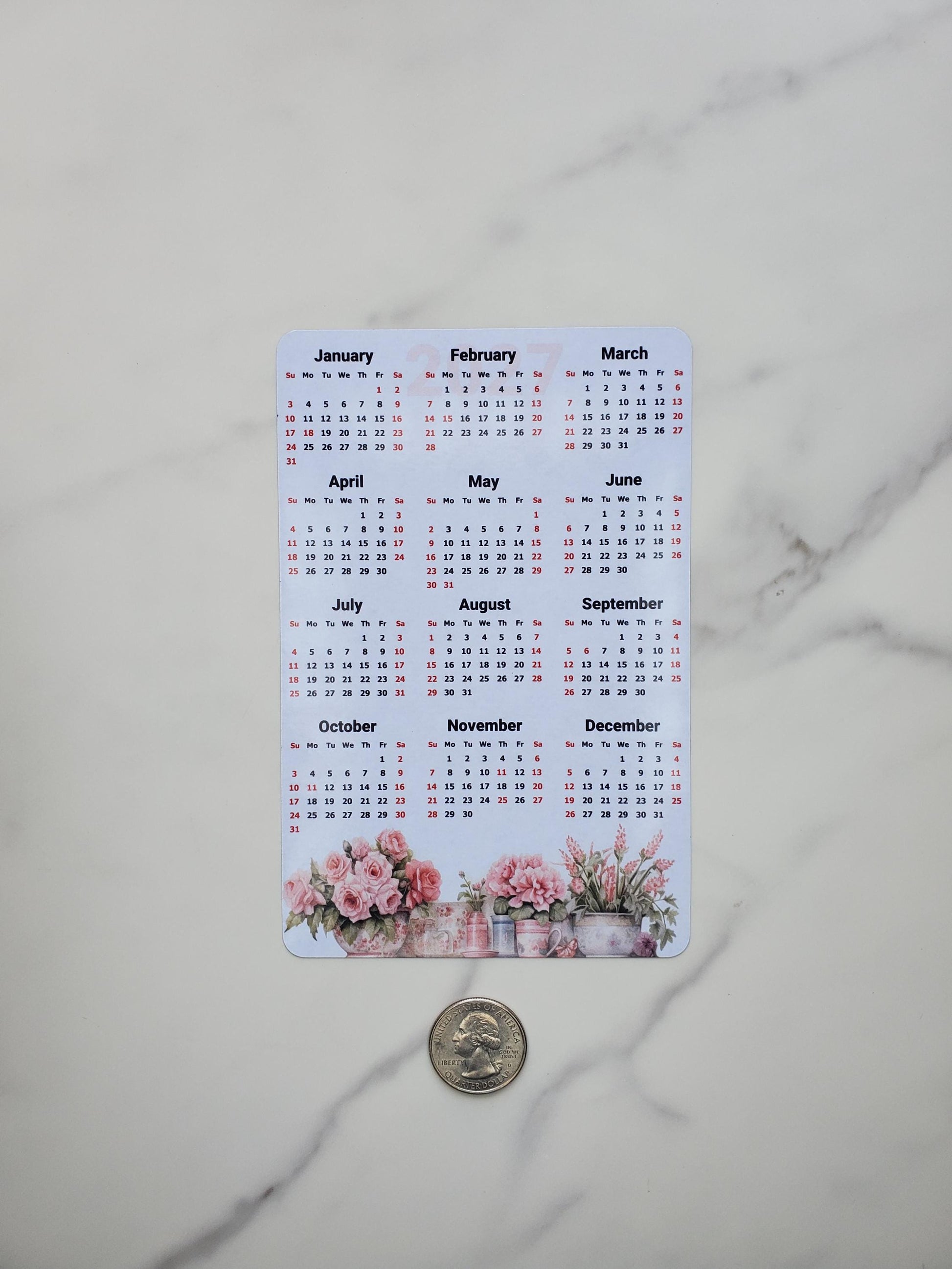 Watercolor Flowers Calendar Magnet 4" x 6" Start On Any Month | Year at a Glance | Glossy Magnetic Calendar for Fridge