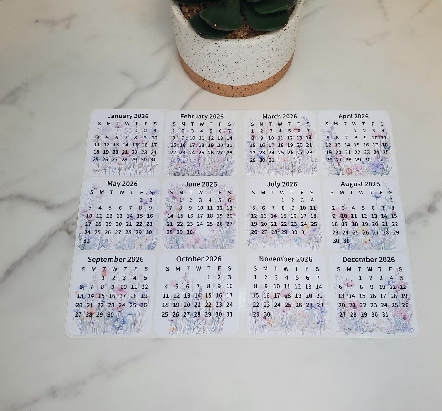 Mini Calendar Stickers with Flowers - Style B