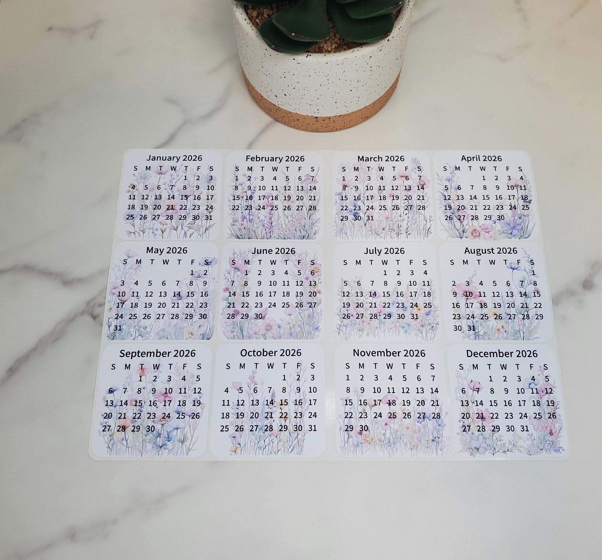 Mini Calendar Stickers with Flowers - Style B