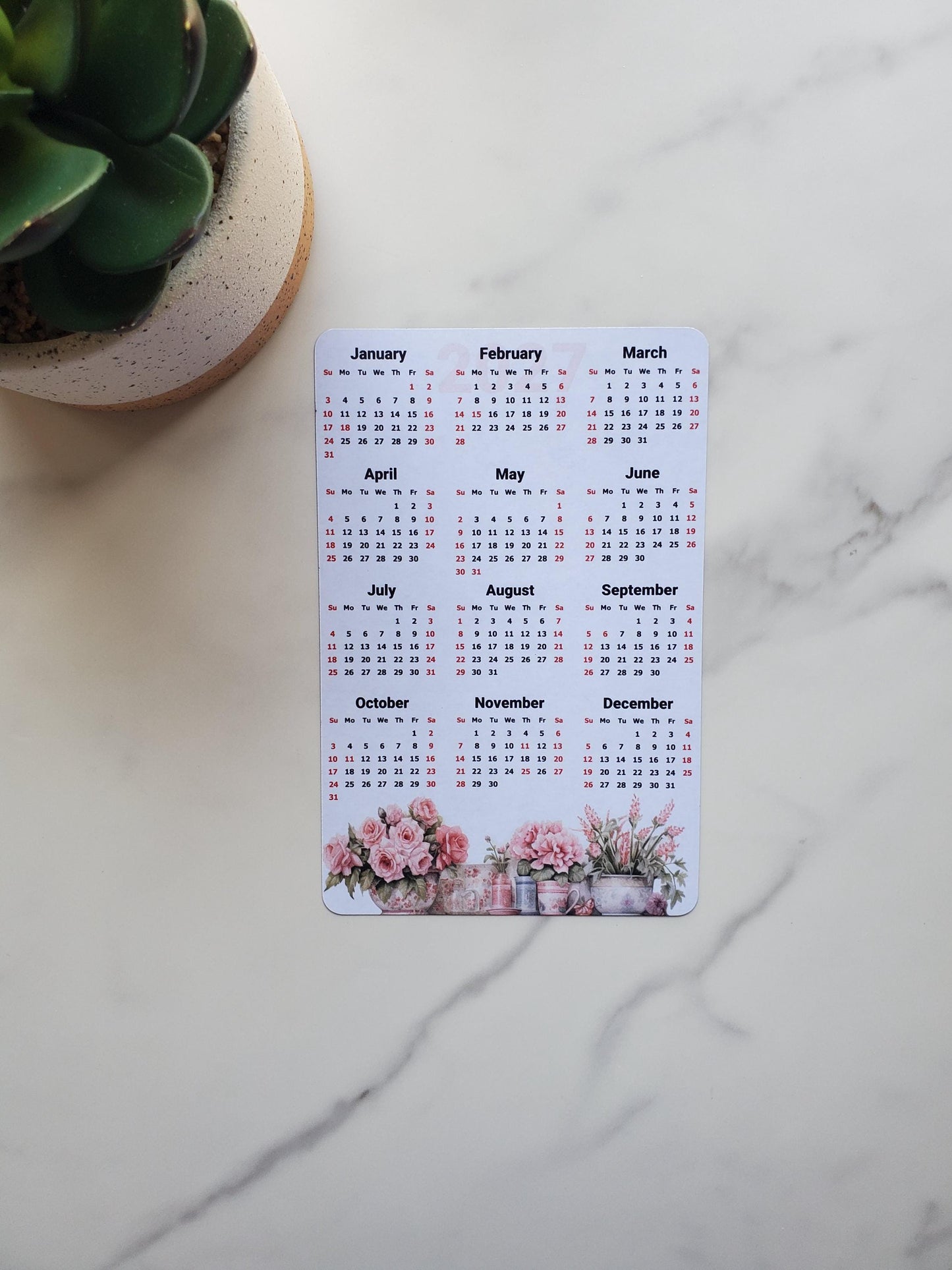 Watercolor Flowers Calendar Magnet 4" x 6" Start On Any Month | Year at a Glance | Glossy Magnetic Calendar for Fridge