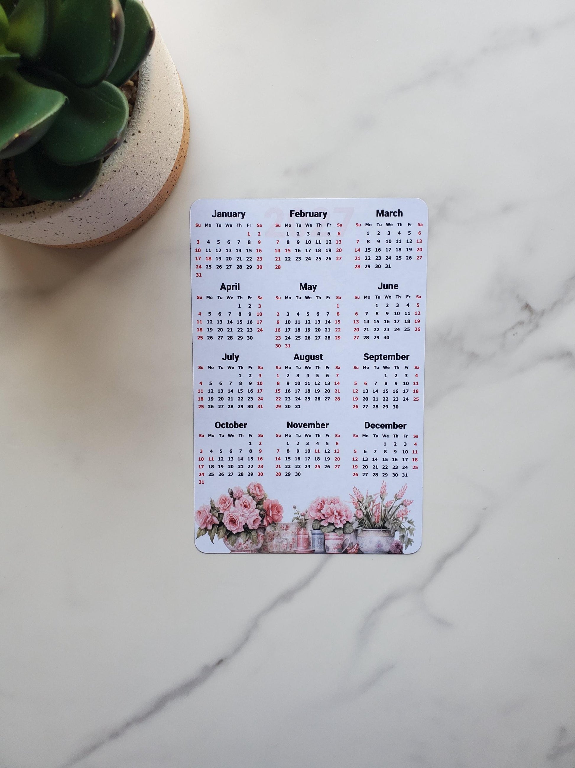 Watercolor Flowers Calendar Magnet 4" x 6" Start On Any Month | Year at a Glance | Glossy Magnetic Calendar for Fridge