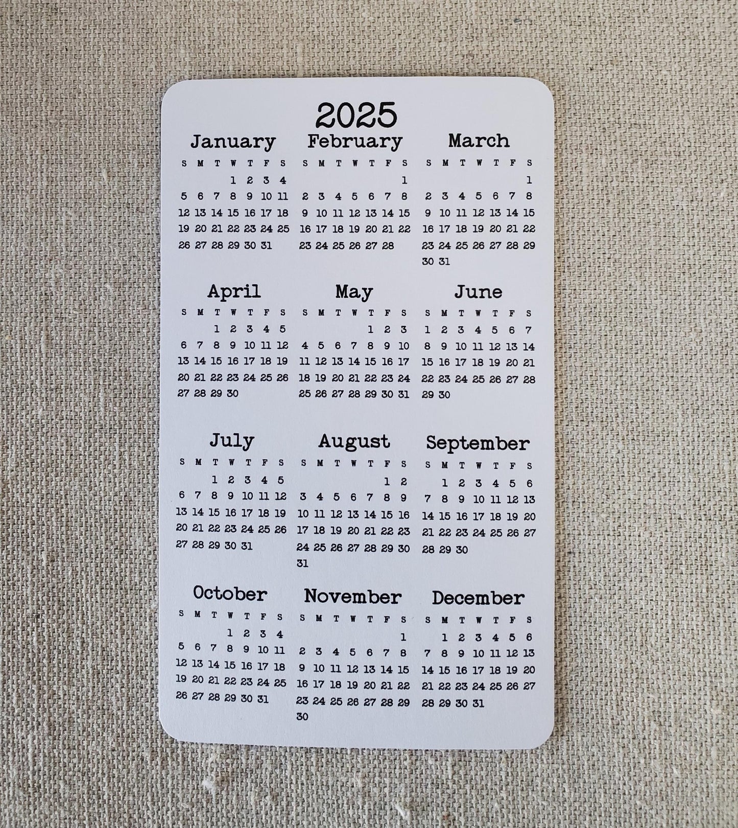 Small Year At A Glance Cardstock Calendar