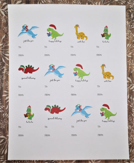 Dinosaur Christmas Labels | Holiday Gift Tags | Dinosaur Present To From Stickers