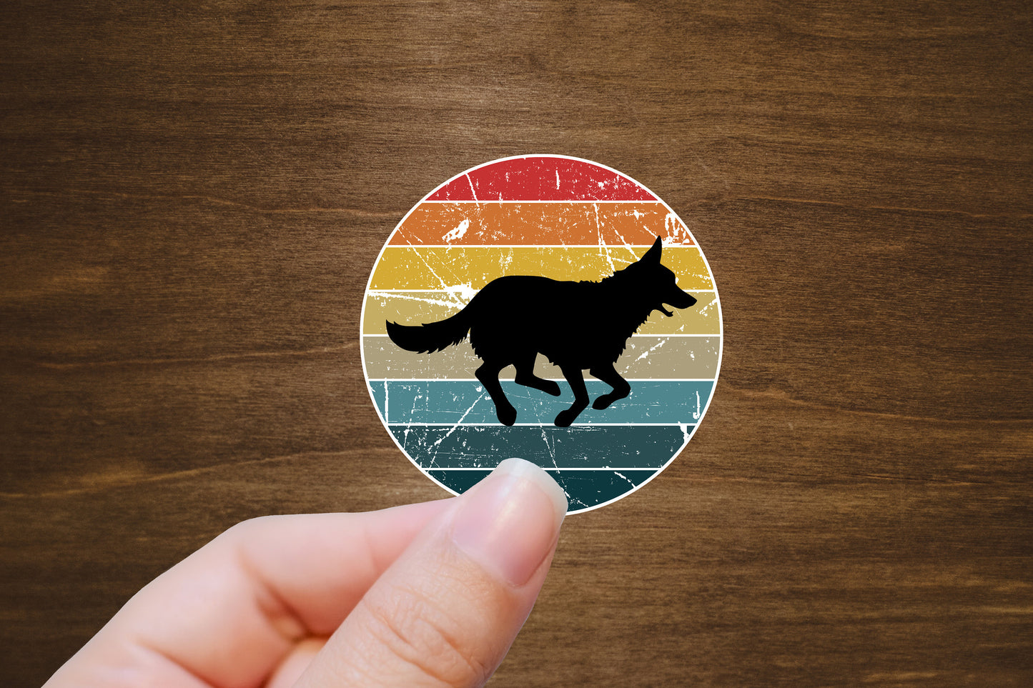 German Shepherd Running Retro Background Sticker | Die Cut, Glossy, Vinyl | GSD Sticker | Laptop Stickers