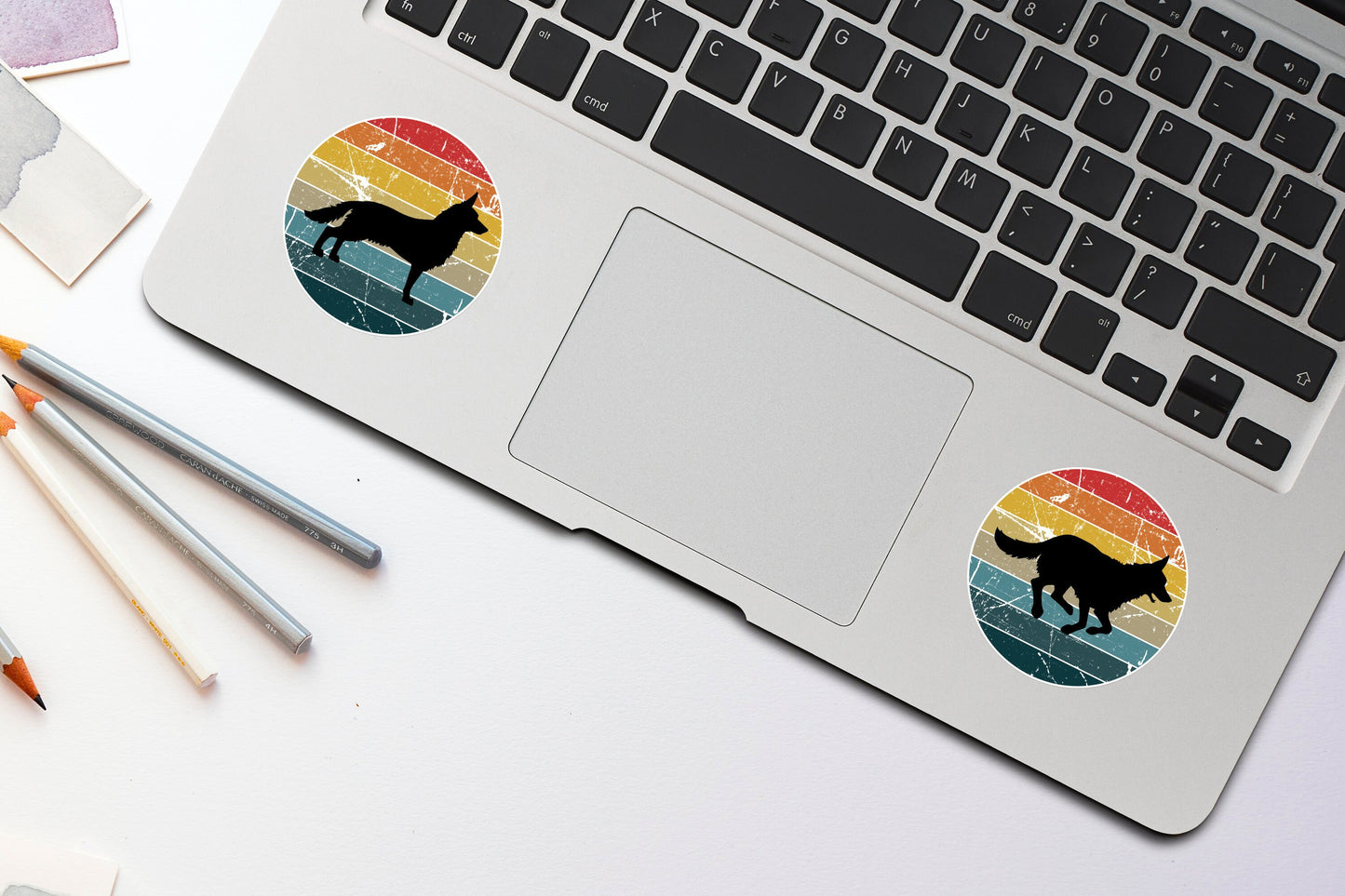 German Shepherd Running Retro Background Sticker | Die Cut, Glossy, Vinyl | GSD Sticker | Laptop Stickers