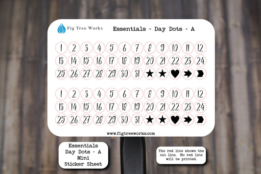 Planner Essentials Day Dots Mini Sticker Sheet | Kiss Cut, Matte Finish | Style A