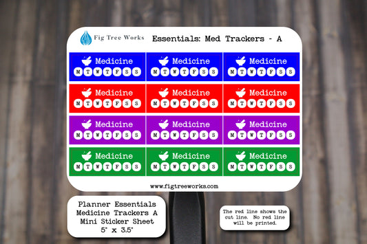 Planner Essentials Medicine Trackers Mini Sticker Sheet | Medication Tracker Stickers | Matte Finish | Style A Multiple Colors Available