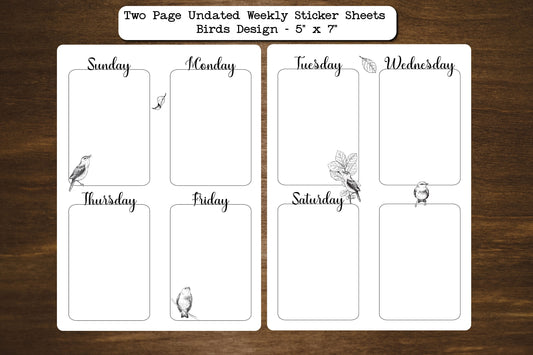 Two Page Undated Weekly Sticker Sheets Starts Sunday or Monday | Two Sheets Per Week | Birds Design | 5" x 7"