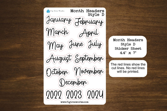 Month Header Planner Stickers  | Month Names Sticker, Kiss Cut, Matte Finish | Style D