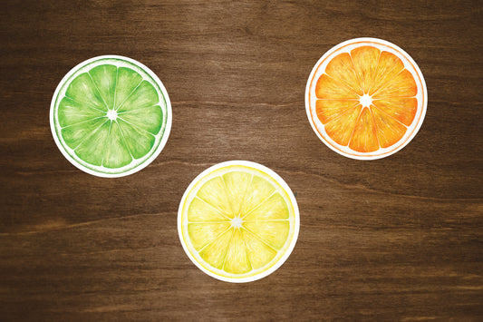 Orange, Lime, and Lemon Stickers | Die Cut, Glossy, Vinyl | Citrus Stickers