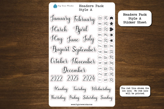 Headers Pack Planner Stickers  | Month Names, Years, Day Names, and Day Dots Stickers, Kiss Cut, Matte Finish | Style A