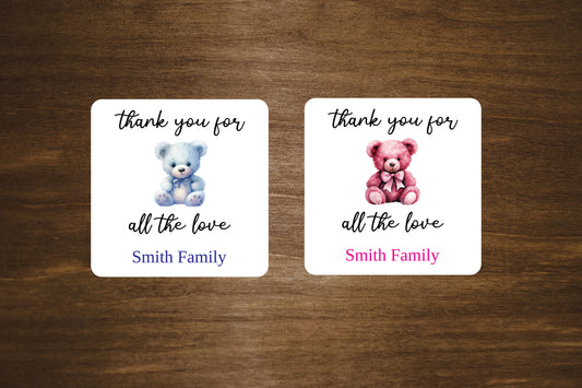 Custom Baby Shower Stickers | Thank You For All The Love | 2" x 2"  Square Labels | Custom Labels On A Roll | Blue or Pink