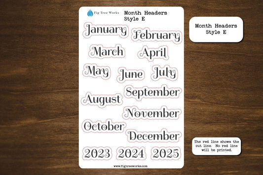 Month Header Planner Stickers  | Month Names Sticker, Kiss Cut, Matte Finish | Style E