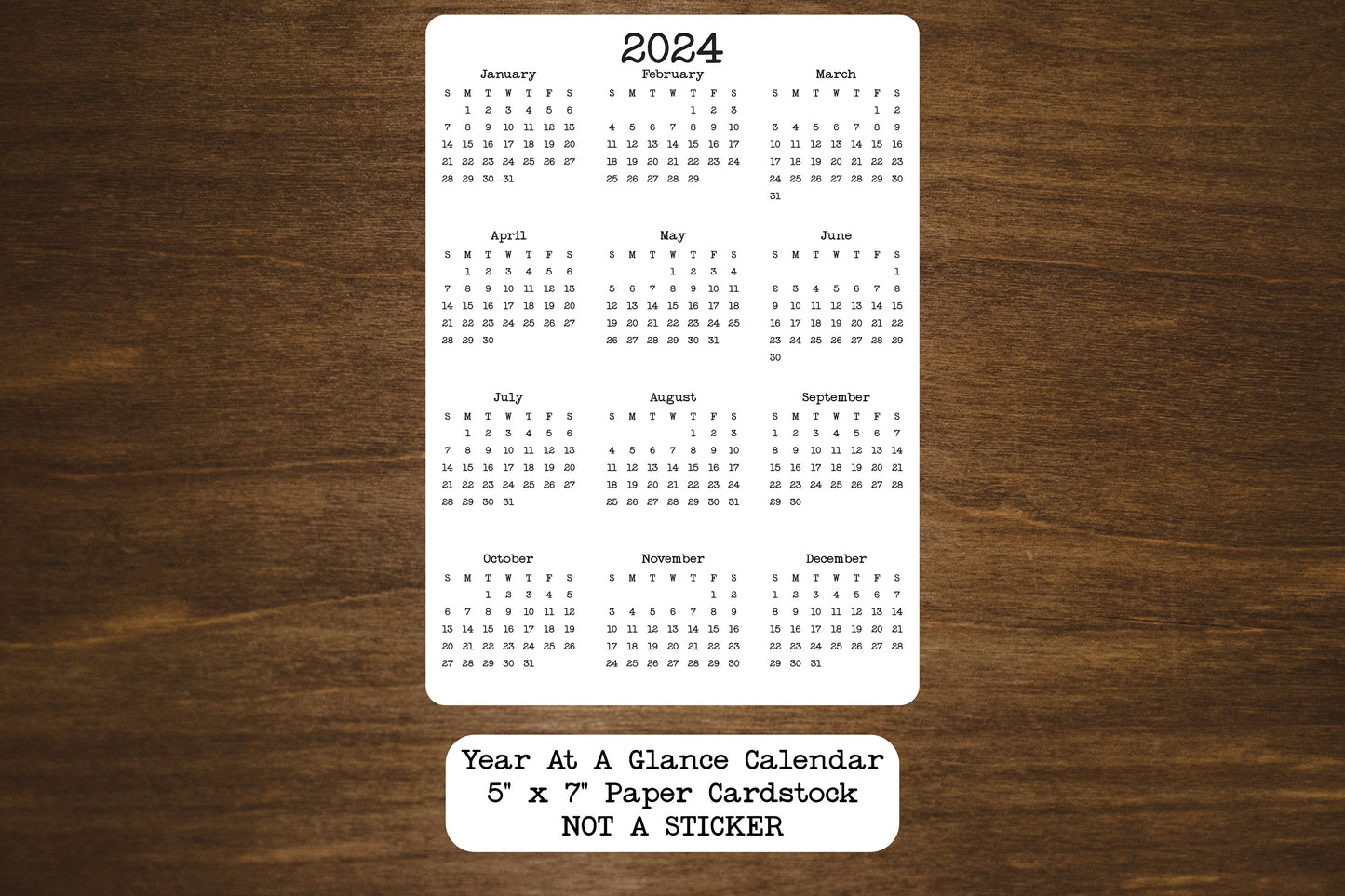 Year At A Glance Cardstock Calendar 5" x 7"